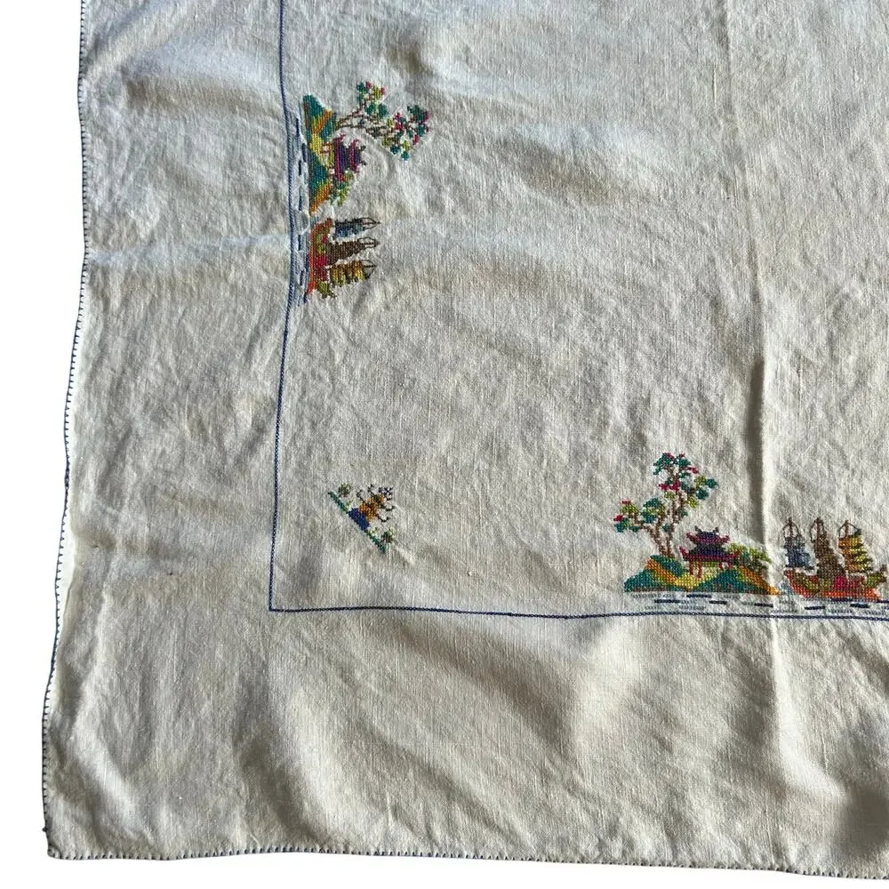 Vintage square handmade cross-stitch linen textile Asian pagoda scene
